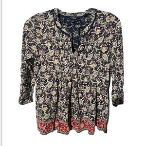 Lucky Brand 3/4 Sleeve Blouse Floral Bohemian Navy Blue Beige White Size Small